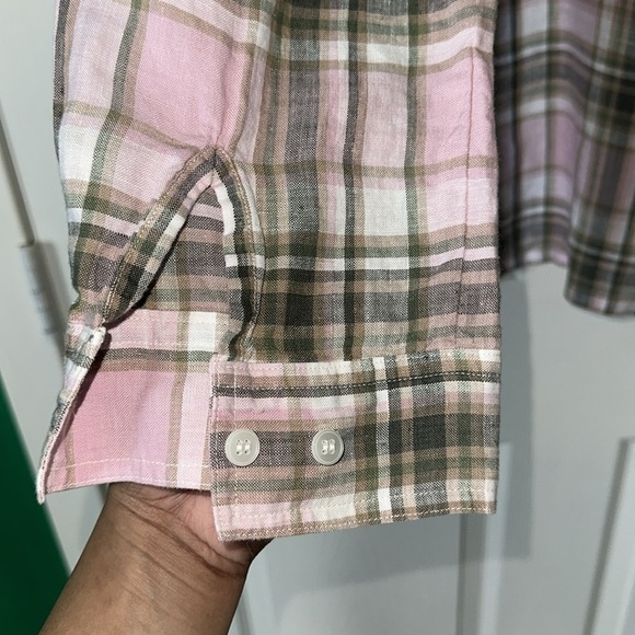 JONES NEW YORK SPORT ROLL TAB SLEEVE 100%LINEN CHECK L - Picture 2 of 4